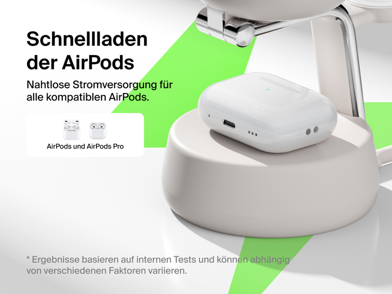 Die Belkin UltraCharge Pro magnetische 3-in-1-Ladestation mit Qi2 25W sorgt für eine schnelle, nahtlose, kabellose Lademöglichkeit für alle kompatiblen Modelle der AirPods und AirPods Pro.