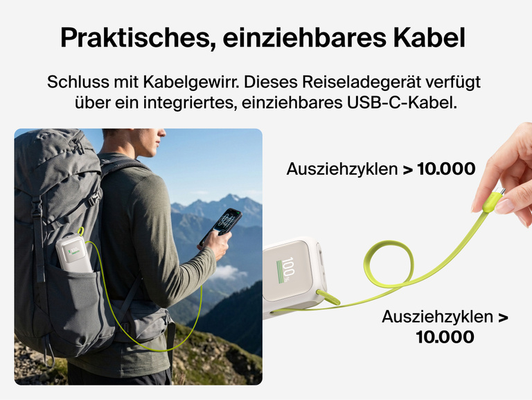 Die UltraCharge Powerbank 11K mit einziehbarem Kabel befindet sich w&auml;hrend einer Wanderung in einer Rucksacktasche und l&auml;dt ein Smartphone. Daneben ist das einziehbare Kabel abgebildet, das f&uuml;r mehr als 10.000 Ausziehzyklen ausgelegt ist.