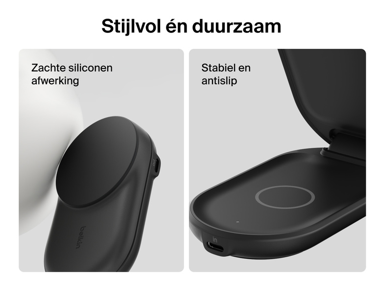 Close-up van de Belkin UltraCharge 2-in-1 uitklapbare magnetische lader met Qi2 25W, met een zachte siliconen afwerking en een stabiele antislipvoet voor extra duurzaamheid en veilig opladen.