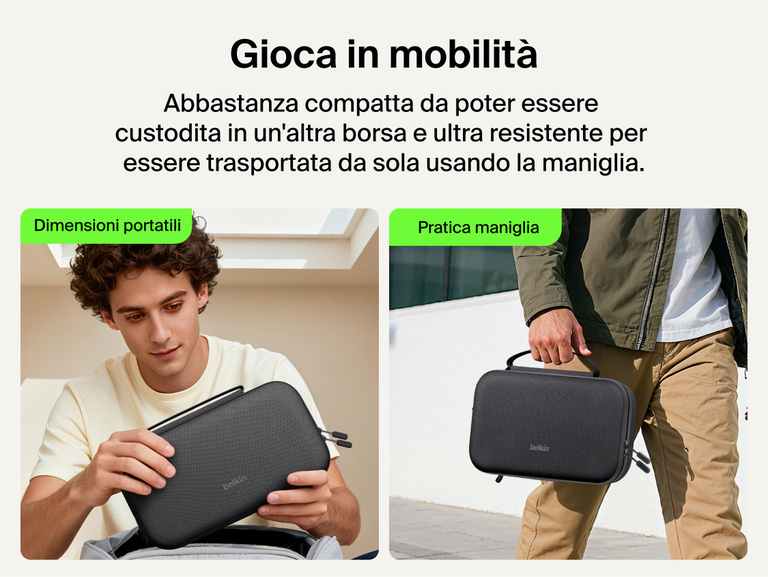 Belkin Gaming Charging Case Pro for Nintendo Switch 2 shown in a compact portable design with convenient carry handle for gaming on the go.