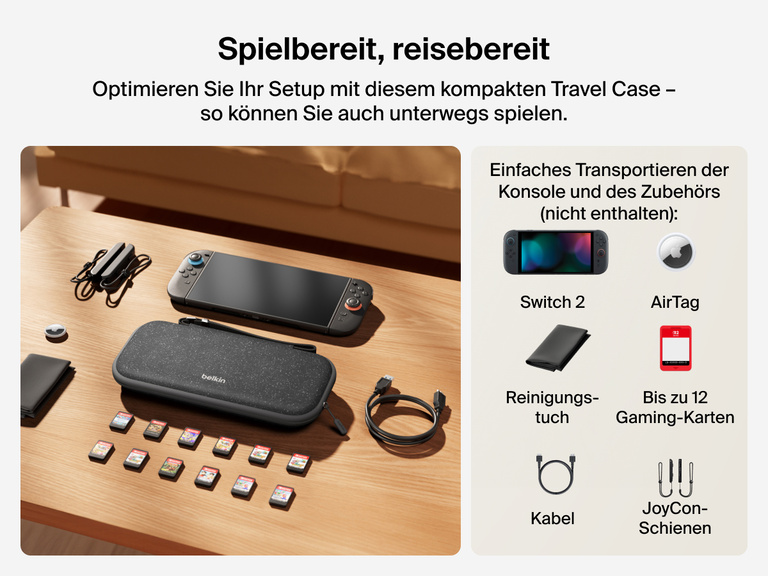 Belkin Gaming Travel Case für Nintendo Switch 2 wird auf einem Tisch mit kompatiblem Zubehör gezeigt: Game-Karten, Kabeln, JoyCon-Schienen, AirTag und Reinigungstuch (alle separat erhältlich).