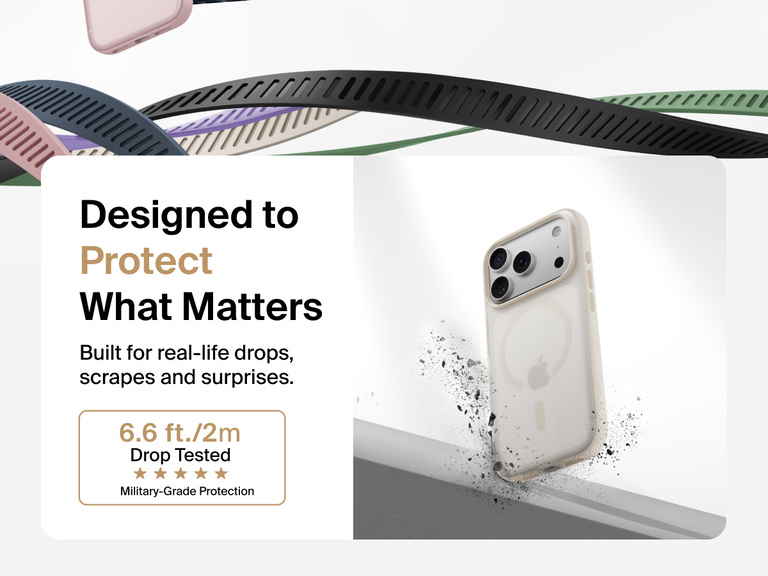 Belkin SheerForce Grip Series Case for iPhone 17 shown with textured grip and impact protection against drops.