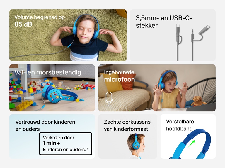 Collage of images highlighting key features of the Belkin Wired On-Ear Headphones for Kids, including an 85dB volume limit, USB-C and 3.5mm connection, built-in microphone, drop and spill resistance, plush kid-sized earcups, and adjustable headband.