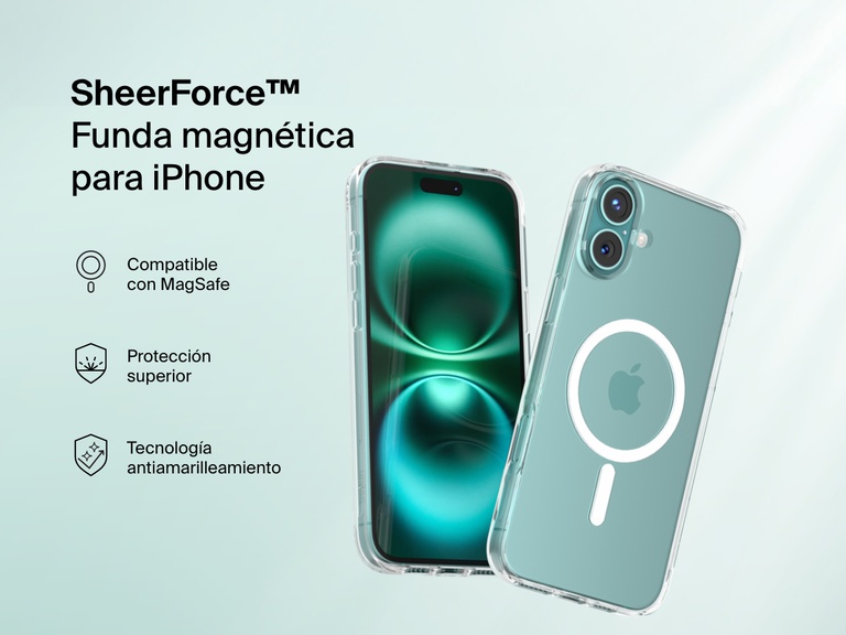 A promotional image of the SheerForce™ Magnetic iPhone Case, featuring a clear, MagSafe-compatible design. The case offers anti-yellowing technology and superior protection while maintaining the sleek look of the iPhone. The image highlights key features with icons, including MagSafe compatibility, durability, and long-lasting clarity.
