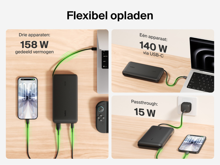 Belkin UltraCharge Pro Laptop Power Bank 25K demonstrating flexible charging with up to 158W shared output, 140W single-device USB-C charging, and pass-through charging capability