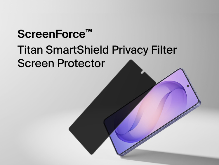 Belkin ScreenForce Titan SmartShield Privacy Filter Screen Protector for Samsung Galaxy S26 shown partially applied to a smartphone, demonstrating edge-to-edge screen coverage and privacy protection that limits side viewing angles.