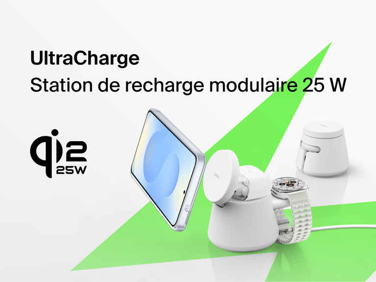 Image de la station de recharge modulaire Belkin UltraCharge avec Qi2 25&nbsp;W offrant une recharge sans fil rapide pour tous les smartphones, montres connect&eacute;es et &eacute;couteurs.