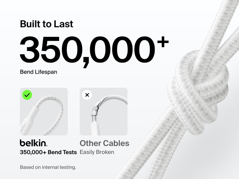 Belkin BoostCharge Pro USB-C Braided Cable with Lightning Connector is engineered for durability with a 350,000+ bend lifespan, outperforming standard cables in internal testing.