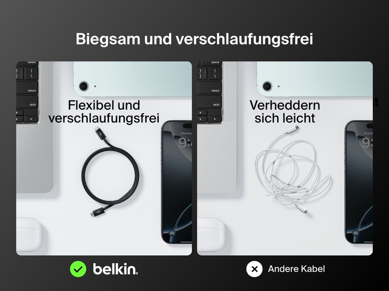 Ein Belkin BoostCharge USB-C-Kabel mit Lightning Connector wird zum Vergleich neben einem Standardkabel gezeigt. Es verheddert sich nicht so leicht und ist flexibel.