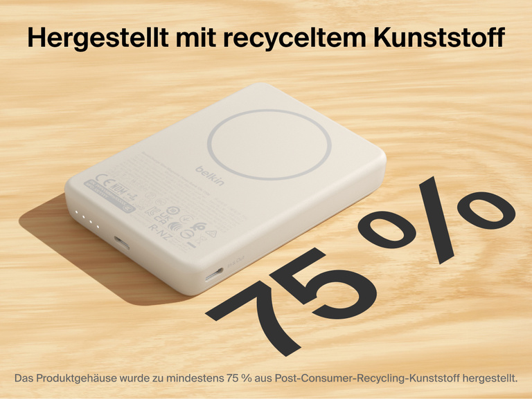 Slim Magnetic Power Bank 10K with Qi2 showing recycled plastic housing with 75% post-consumer materials and wireless charging surface on top