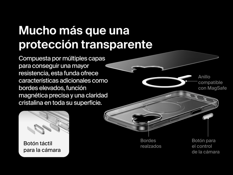 Belkin SheerForce Clear Series Case for iPhone 17 with raised edges, MagSafe-compatible ring, touch-sensitive camera button, and layered clear protection design.