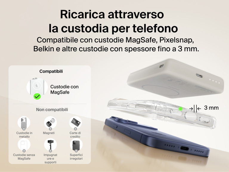Belkin BoostCharge Slim Magnetic Power Bank 10K charging through MagSafe-compatible phone case up to 3mm thickness with secure magnetic alignment