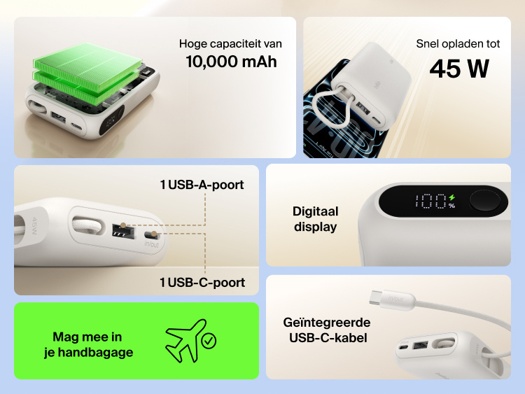 Belkin UltraCharge 10K power bank with 45W fast charging, integrated USB-C cable, digital display, USB-A and USB-C ports, and TSA carry-on approved design.