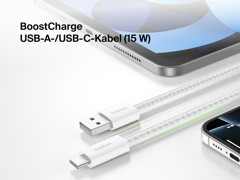 Abbildung des Belkin BoostCharge USB A auf USB C Kabels, 15 W, auf der ein iPad und ein iPhone zu sehen sind. Das strapazierfähige Kabelgeflecht, das zuverlässiges schnelles Laden ermöglicht, und die universelle Kompatibilität werden herausgestellt.
