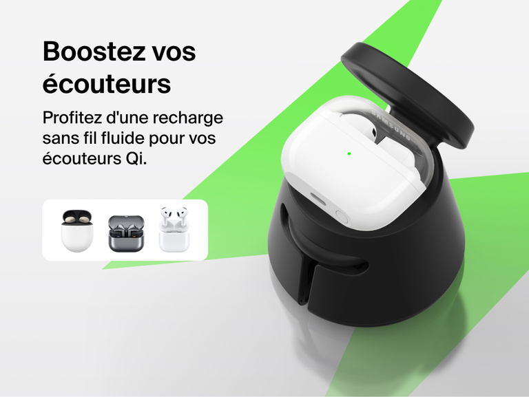 Image de la station de recharge modulaire Belkin UltraCharge avec Qi2 25&nbsp;W rechargeant des &eacute;couteurs sans fil Qi, et dot&eacute;e d'un design sans c&acirc;ble pour une recharge quotidienne des appareils mobiles.
