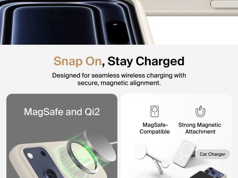 Belkin ScreenForce Protect Series Case for iPhone 17 with raised edges for screen and camera protection, designed for seamless magnetic wireless charging.