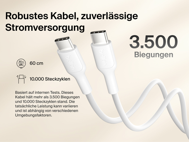 Belkin BoostCharge Slim Magnetic Power Bank 10K with included USB-C to USB-C cable highlighting durable design tested for 3,500 bends and 10,000 plug-ins