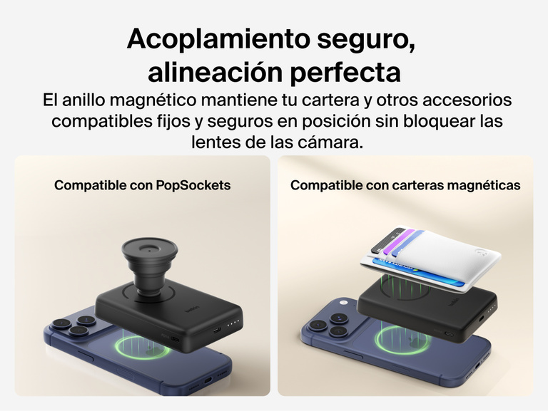 Slim Magnetic Power Bank 10K with Qi2 magnetically attached to smartphone demonstrating secure alignment and compatibility with PopSockets and magnetic wallet accessories