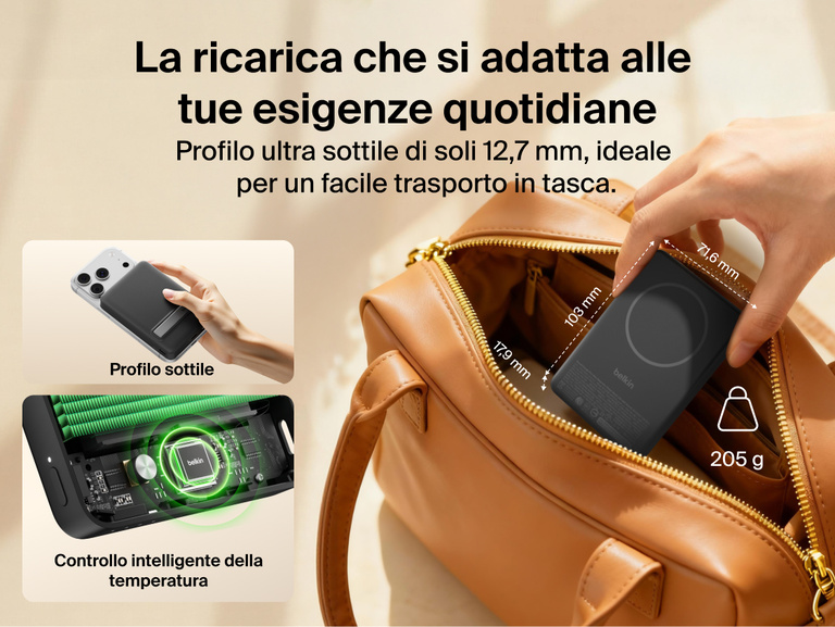 Slim Magnetic Power Bank 10K with Qi2 placed inside bag showing compact size and portability with dimension callouts