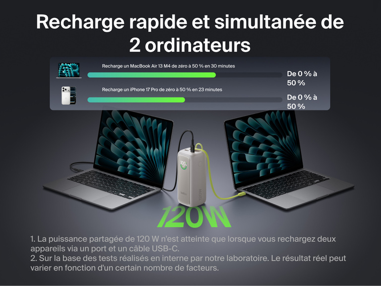 Image d'ne batterie externe 22K UltraCharge avec c&acirc;ble r&eacute;tractable pr&eacute;sent&eacute;e avec son bo&icirc;tier ouvert, laissant appara&icirc;tre les cellules de batterie internes et mettant en avant sa capacit&eacute; de 22&nbsp;000&nbsp;mAh offrant plusieurs recharges d'ordinateurs portables et de t&eacute;l&eacute;phones.