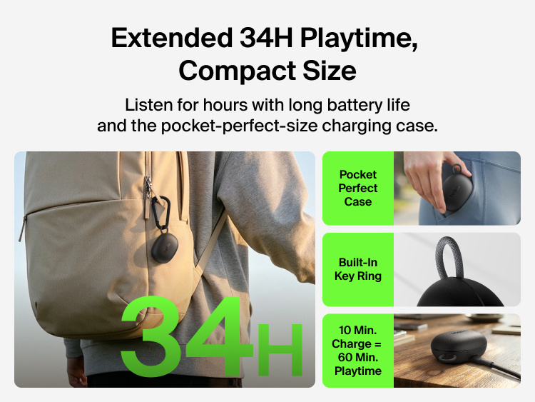 SoundForm Isolate Buds ANC charging case clipped to a backpack strap using its built-in key ring, next to close-up shots of the pocket-sized case and cable charging