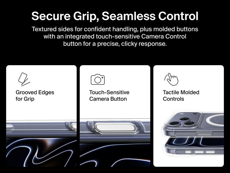 Belkin SheerForce Clear Series Case for iPhone 17 with grooved edges, tactile molded controls, and touch-sensitive camera button for secure grip and seamless control.