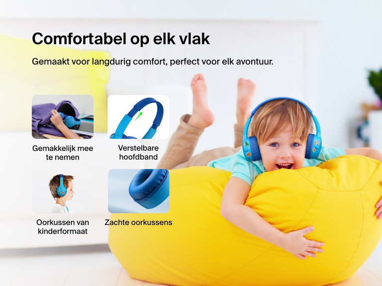 Smiling child wearing Belkin Wired On-Ear Headphones for Kids while lounging on a yellow beanbag, with callouts for soft ear cushions, adjustable headband, kid-sized earcups, and easy portability.
