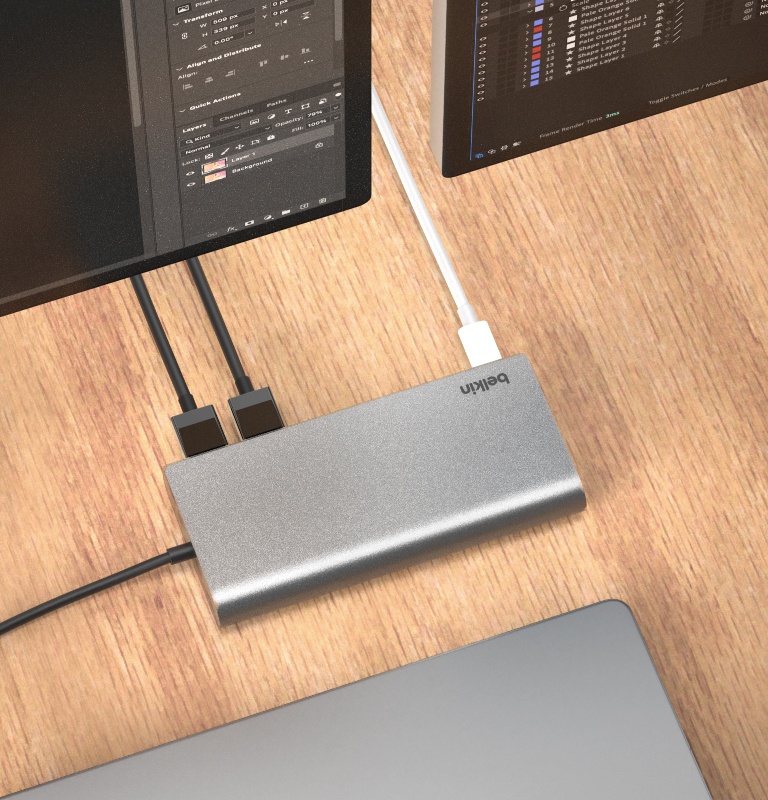 Silicon Motion 기술이 적용된 이 듀얼 디스플레이 USB-C 허브를 사용하면 하나의 연결에서 포트를 8개까지 확장할 수 있습니다.