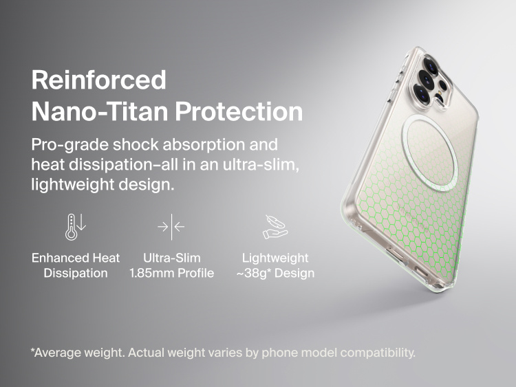 Belkin SheerForce Clear Series Case for Samsung Galaxy S26 shown in close-up, highlighting reinforced Nano-Titan protection with shock absorption, heat dissipation, ultra-slim 1.85 mm profile, and lightweight protective design.