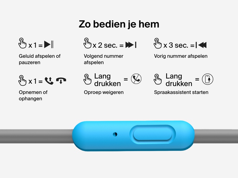 Visual guide showing the in-line control functions of Belkin Wired On-Ear Headphones for Kids, including audio playback, call handling, voice assistant activation, and track navigation.