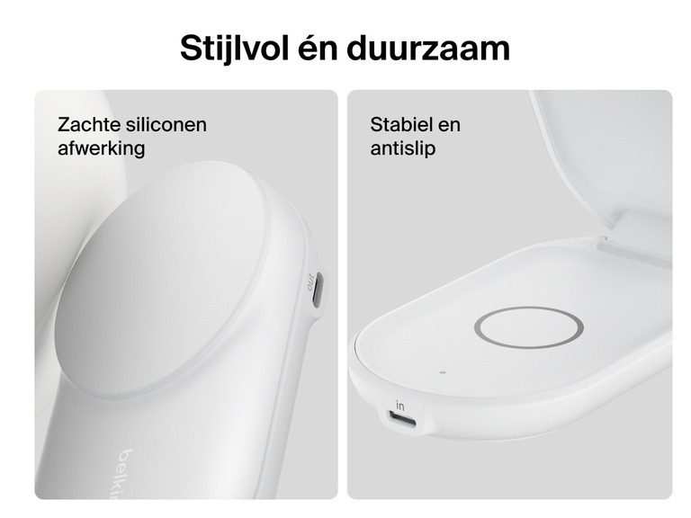 Close-up van de Belkin UltraCharge 2-in-1 uitklapbare magnetische lader met Qi2 25W, met een zachte siliconen afwerking en een stabiele antislipvoet voor extra duurzaamheid en veilig opladen.
