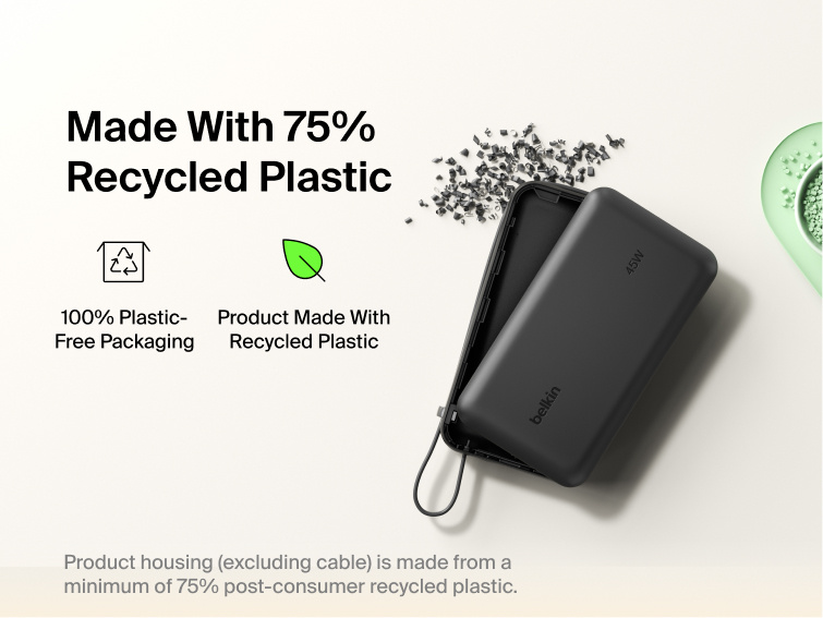 Belkin UltraCharge 20K 45W power bank with integrated cable made with recycled materials and plastic-free packaging for a more sustainable charging solution