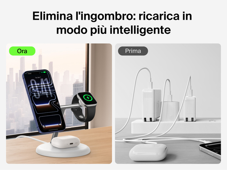 Belkin UltraCharge 3-in-1 Wireless Charging Stand with Qi2 25W reducing cable clutter by charging iPhone, Apple Watch, and AirPods in a clean organized setup compared to traditional wired charging