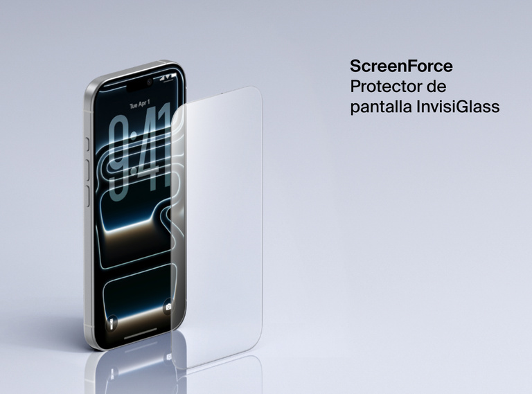 Se muestra el protector de pantalla ScreenForce InvisiGlass de Belkin sobre la pantalla de un iPhone. Se resalta por ofrecer una protecci&oacute;n resistente, clara y n&iacute;tida.