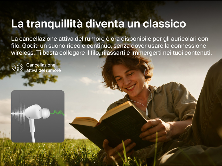 Belkin SoundForm ANC Wired Earbuds with USB-C® provide active noise cancellation for rich, uninterrupted sound while reading or relaxing outdoors.