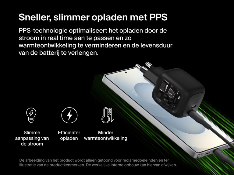 Afbeelding van een BoostCharge Pro 2-poorts USB-C GaN-wandlader van 67 W die gebruik maakt van PPS-technologie voor slimme stroomaanpassing, verbeterde laadefficiëntie en minder warmteontwikkeling tijdens snel opladen.