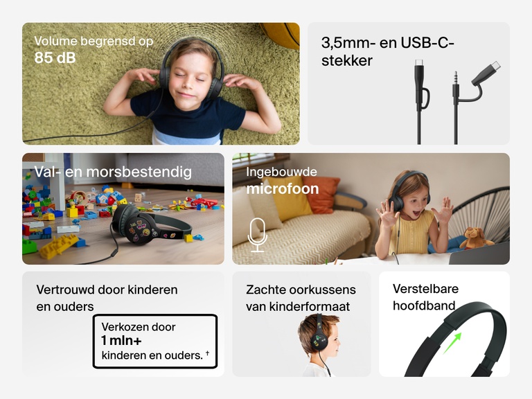 Collage of images highlighting key features of the Belkin Wired On-Ear Headphones for Kids, including an 85dB volume limit, USB-C and 3.5mm connection, built-in microphone, drop and spill resistance, plush kid-sized earcups, and adjustable headband.