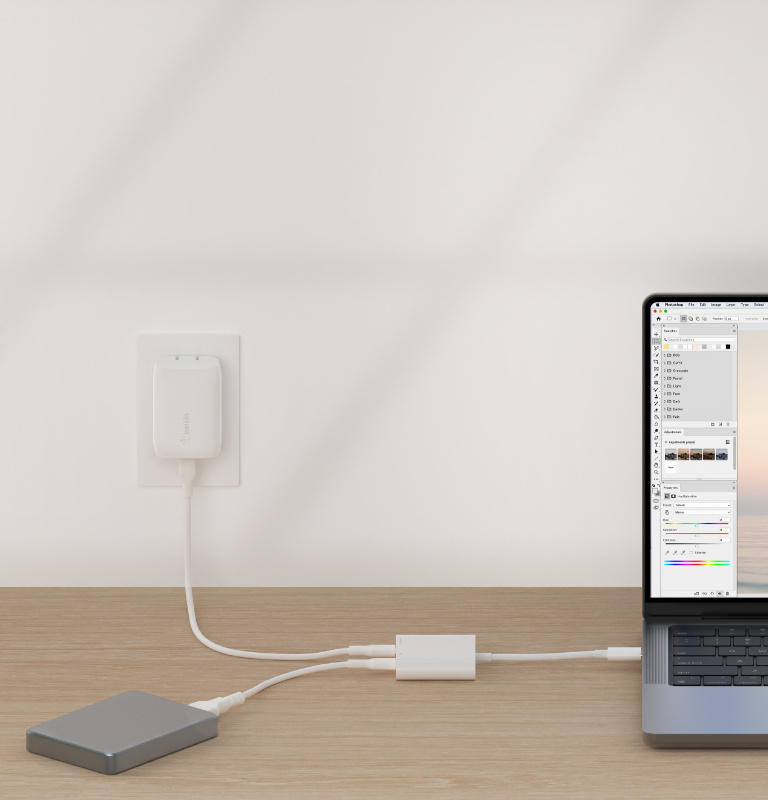 USB-C Data + Charger Adapter, Splitter, USB-C Power Delivery, Fast Charging for USB-C Smartphones, Tablets, and More. | Belkin US