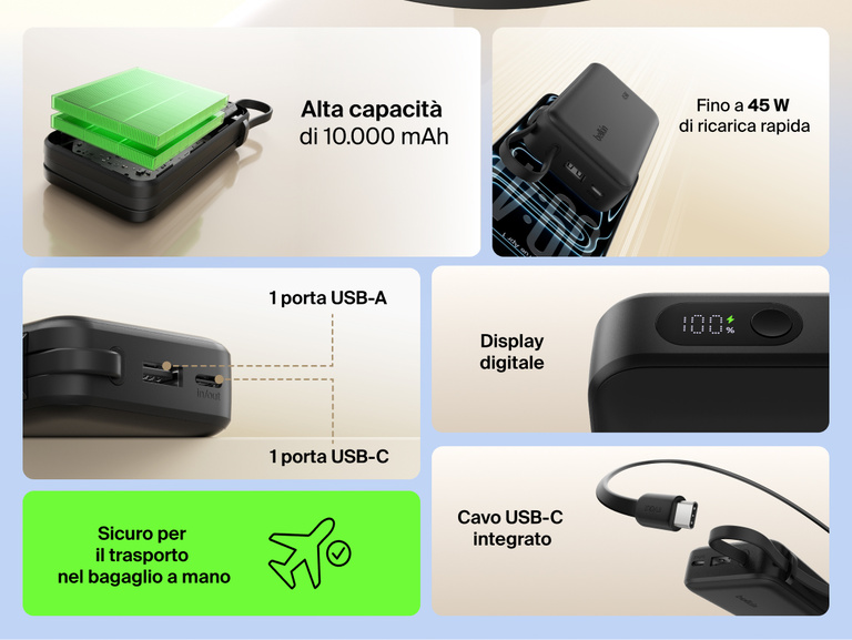 Belkin UltraCharge 10K power bank with 45W fast charging, integrated USB-C cable, digital display, USB-A and USB-C ports, and TSA carry-on approved design.