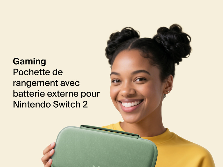 Smiling woman in a yellow shirt holds the Belkin Gaming Charging Case for Nintendo Switch 2, designed for portable protection and on-the-go charging.