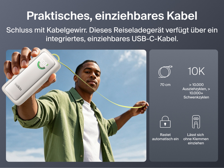 Eine Person h&auml;lt die UltraCharge Powerbank 22K mit einziehbarem Kabel im Freien, das integrierte einziehbare USB-C-Kabel ist ausgezogen. Daneben befinden sich Symbole f&uuml;r Kabell&auml;nge, Anzahl der Ausziehzyklen, automatische Arretierungsfunktion und ruckfreies Einziehen.