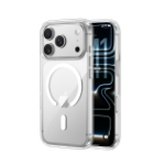 iPhone in a clear MagSafe-compatible case showing both front display and back design with circular MagSafe outline.