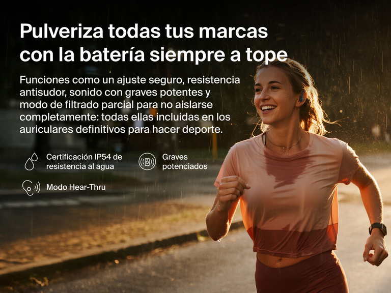 Belkin SoundForm ActiveFit Wireless Earbuds with secure fit, IP54 water resistance, bass boost, and Hear-Thru mode, shown on a runner in the rain.