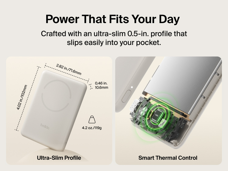 Belkin BoostCharge Slim Magnetic Power Bank 5K with Qi2 highlighting an ultra-slim, lightweight design with smart thermal control for safe, pocket-friendly portable charging.