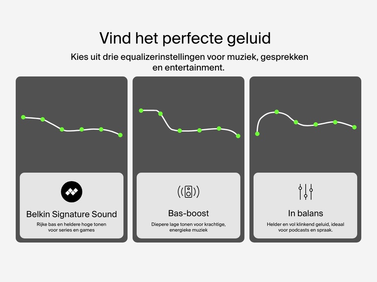 Belkin SoundForm Anywhere Wireless Earbuds with 3 EQ presets including Belkin Signature Sound, Bass Boost, and Balanced for customized audio.