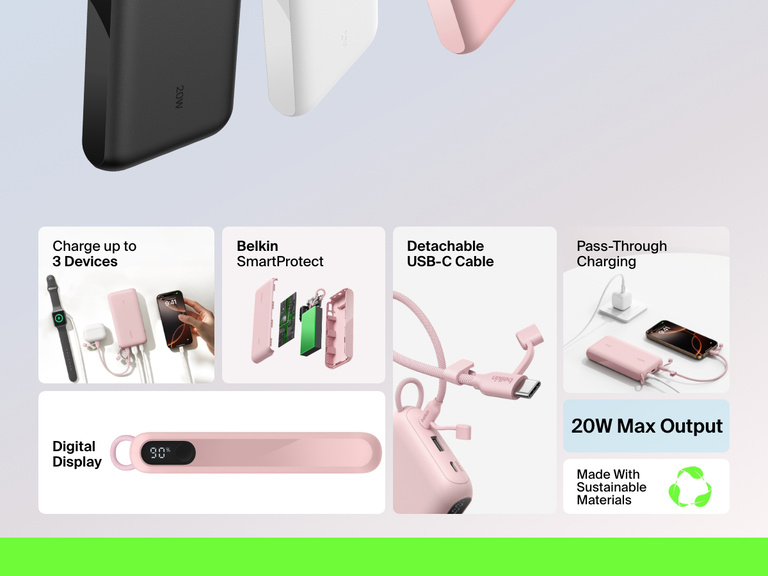 Feature overview of the Belkin BoostCharge Power Bank 20K with Display, highlighting 20W max output, the ability to charge up to three devices, SmartProtect safety, pass-through charging, detachable USB-C cable, and eco-friendly materials.