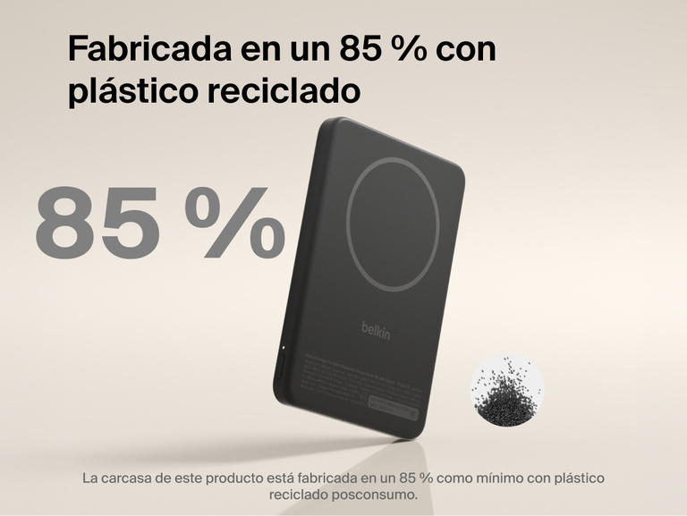 Belkin BoostCharge Slim Magnetic Power Bank 5K with Qi2 shown made with at least 85 percent post-consumer recycled plastic for a more sustainable portable charging solution.
