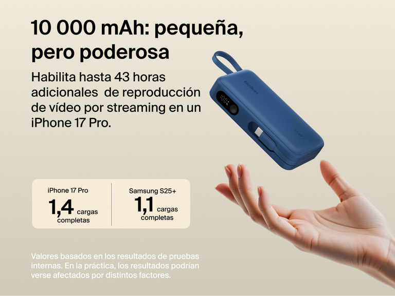 Belkin UltraCharge 10K power bank with integrated USB-C cable and digital display, delivering up to 45W fast charging and extended battery life for smartphones