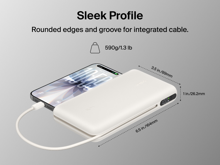 Belkin UltraCharge Pro Laptop Power Bank 25K with slim, rounded design and integrated cable, compact 25,000 mAh portable charger with digital display