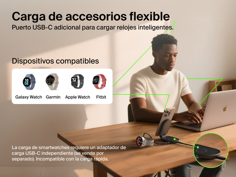 Se muestra el cargador magnético plegable 2 en 1 con Qi2 25W Belkin UltraCharge cargando un iPhone y un reloj inteligente por el puerto USB-C adicional (compatible con Apple Watch, Galaxy Watch, Garmin y Fitbit).